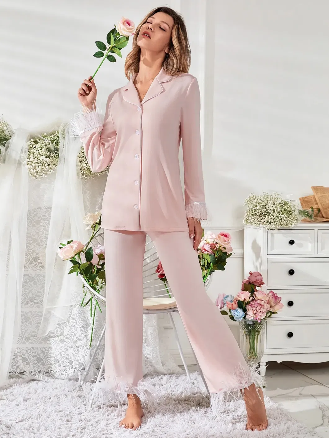 Fuzzy Detail Pyjama Button Front Contrast Piping Feather Viscose From Bamboo Pajamas