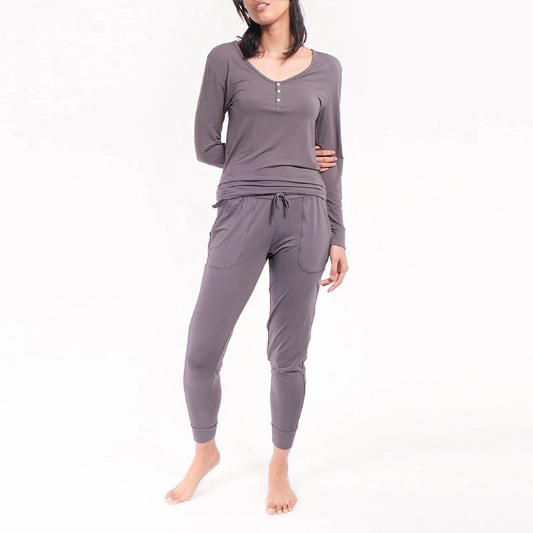 Organic Bamboo Henley Top and Sleep Pant Eco Friendly Women&prime;s Sleepwear Sustainable Jersey Pyjamas for Women