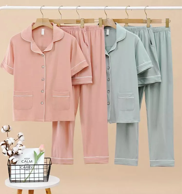 Custom Ladies Pyjamas Two Pieces Short Lounge Wear Set Knitted Bamboo Summer Women Loungewear